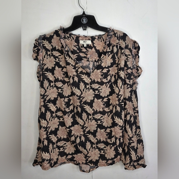 MKT STUDIO Tops - Light Cotton MKT Blue,cream & Rust V Neck Top Size 12, Short Sleeve